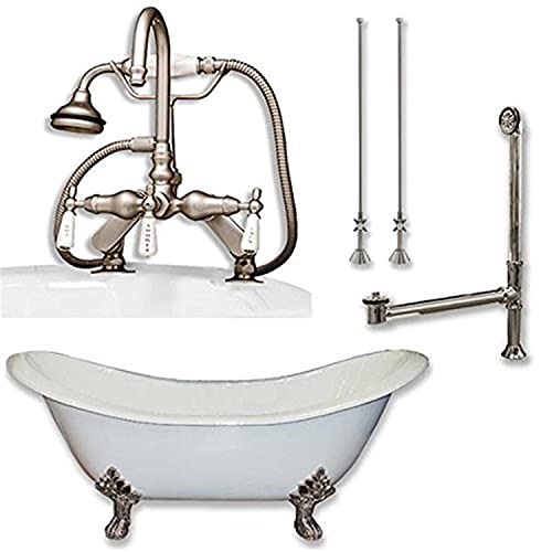 Cambridge Plumbing Cast Iron Double Ended Clawfoot Tub 67" X 30" With No Faucet Drillings And Complete Brushed Nickel Plumbing Package #TOP21