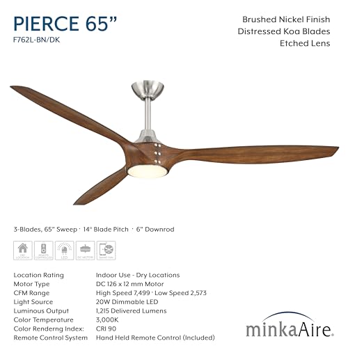 MINKA-AIRE F762L-BN/DK Pierce 65" 3-Blade LED Smart Ceiling Fan - Brushed Nickel and Distressed Koa Finish Blades with Etched Lens thumbnail 7