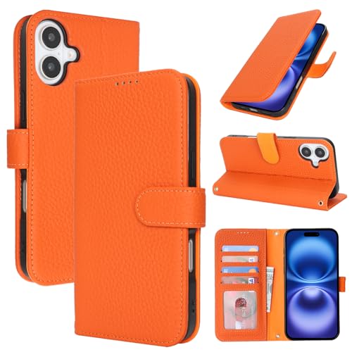 Zouzt Case for iPhone 16 6.1" Genuine Leather Wallet Case with 4 Card Slot, RFID Blocking Card Holder Magnetic Flip Folio Kickstand Shockproof Phone Cover Women Men for iPhone 16 - Orange