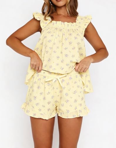 Image of ROAONOCOMO Women Floral Pajama Set Ruffle Babydoll Cami Top Coquette Pj Set Gingham 2 Piece Shorts Outfit Bridal Loungewear