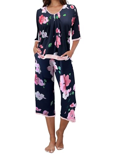 Famulily Floral Pajama Set for Women Color Block Flowy Loose Fit Comfy Pj Sets Navy Blue 2XL