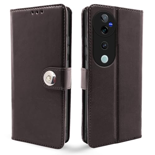 Image of Pikkme Flip Cover for Vivo V40 5G / V40 Pro 5G / T3 Ultra 5G | Leather Finish | TPU | Wallet Stand with Card Pockets | Full Protection Button Flip Case (Coffee)