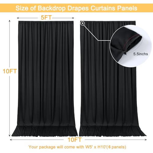 Image of 30x10ft Black Backdrop Curtain for Wedding Parties Wrinkle Free Fabric Black Drapes Backdrop Decoration for Baby Shower Birthday Photography Decoration 6 Panels, 5ft x 10ft