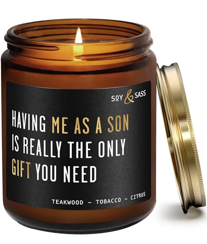 Mothers Day Gifts for Mom, Mom Gifts From Son - 'Having me as a Son' Soy Candle, w/Mahogany Teakwood I Mom Birthday Gifts from Son Ideas I 50Hr Burn, USA Made