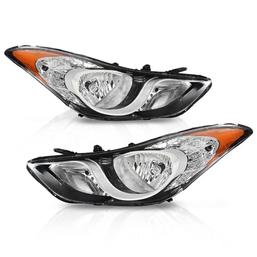 G-PLUS Headlights Assembly Pair Halogen Compatible With Hyundai Elantra 2011 2012 2013 Headlamps Left Driver & Right Passenger Side 921013Y000 921023Y000 Clear Lens Chrome Housing Amber Reflector