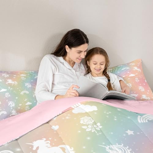 Image of Erosebridal Girls Unicorn King Bedding Set Rainbow Unicorn Comforter Set for Kids Child Ombre Stars Moon Comforter Fantasy Girls Room Decor Rose Flower Duvet Insert Cartoon Kawaii Bed Set
