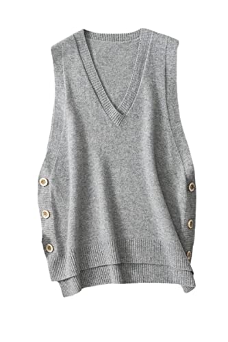 Image of Women's V-Neck Simple Three-Button Design Solid Color Loose Casual All-Wool Knitted Vest
