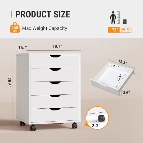 Image of DEVAISE 5 Drawer File Cabinet, Wood Under Desk Drawers Chest Rolling Vertical Filing Cabinet Storage Furniture for Office Home White