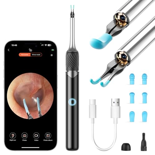 Image of Ear Cleaner Tweezers with 6 Ear Spoon, Earwax Removal Kit with Light, Ear Cleaning kit for iOS & Android, Black