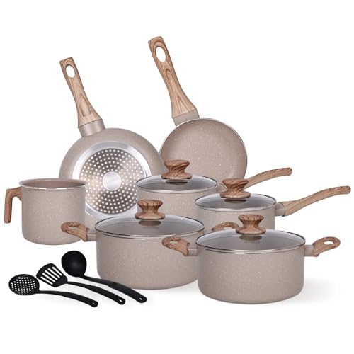 ULTVIGOR Jogo de Panelas Indução Cerâmica Antiaderente 10 Peças, Adequado para Fogão a Indução, Gás, Elétrico e Vitrocerâmico, Durável Lindas e Qualidade, Areia