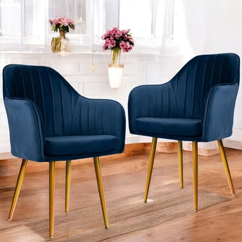 Image of Velvet Chair for Home | Modern Accent Armchair in Soft Velvet Fabric with Golden Legs | Set of 2 Premium Accent Chair for Living Room Bedroom Restaurent | (Blue, Standard)