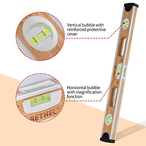 BETHEL Bamboo Level, 24 Inch Level & Tool Solid Block Acrylic Vials, Resists Mortar Adhesion, for Masonry Application and General Leveling (Bamboo)
