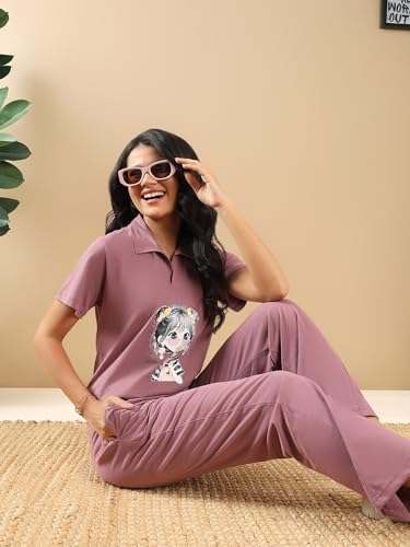 Image of Kvetoo Women Solid Tracksuit Set Cotton Lounge Wear Set Half Sleeve Polo T-Shirt & Straight Pant Casual Travel Outfit