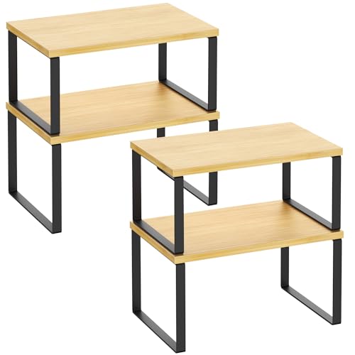 Kitchen Cabinet Organizer Shelf Set of 4, Sturdy Kitchen Counter Shelves with Metal Legs, Stackable Expandable Wood Spice Rack Pantry Cupboard Dish Mug Cup Storage Organizer Shelf,Black+Bamboo