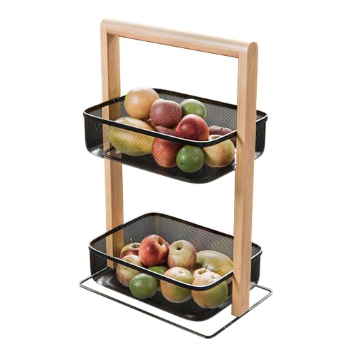 Amig - Frutero con 2 Cestos en Altura - Organizador de Cocina o Baño - Acero Negro y Bambú - Estante Multiusos para Tarros, Botes o Accesorios - 27 x 18 x 44 cm