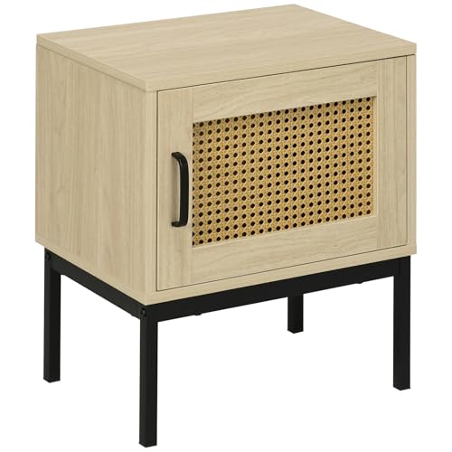HOMCOM Mesita de Noche con Puerta de Rejilla de Ratán Mesilla de Noche Estilo Boho con Patas de Metal para Salón Dormitorio Sofá 43x30x51 cm Roble
