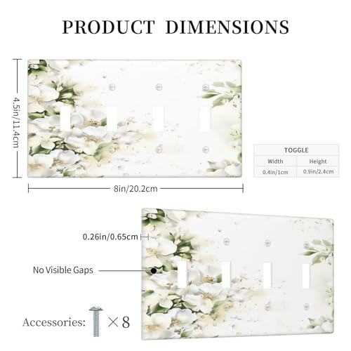 Decorative Switch Plate Covers Rustic Ink Green Leaves White Florals Flower 4 Gang Light Switch Cover Plate Quad Toggle Wall Plate Light Switch Covers for Bedroom Home Decor