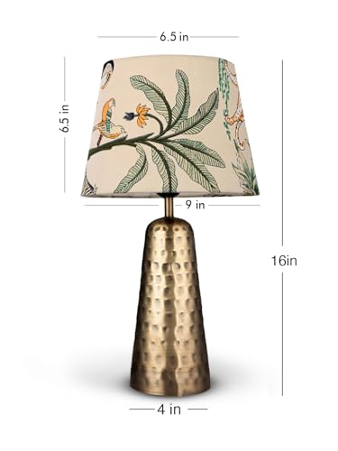 Image of Green Girgit Golden Hammered V-Shaped Printed Table Lamp, Taper Muticolor Green Shade, Modern Living Room Light, Bedside Night Lamp, LED Ambient Lighting, E27 Bulb Compatible, Corded Electric