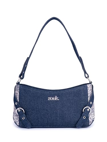 Image of ZOUK Lyra Small Shoulder Bag for Women - Denim & Printed Shoulder Bag with Water-Resistant Lining | Handcrafted Sling Bag with Multiple Pockets & Zip Closure for Daily & Weekend Use |