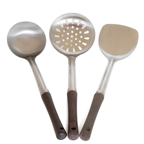 asiastreetfood Wok Besteck Set 3-teilig - Pfannenwender, Schöpflöffel & Sieb aus Edelstahl mit Holzgriff - Robustes Küchenhelfer Set - Küchenzubehör & Kochbesteck Set für Wokgerichte