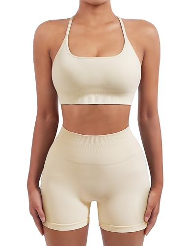 Image of SUUKSESS Women Seamless Workout Sets Strappy Sports Bra High Waist Booty Shorts Outfits