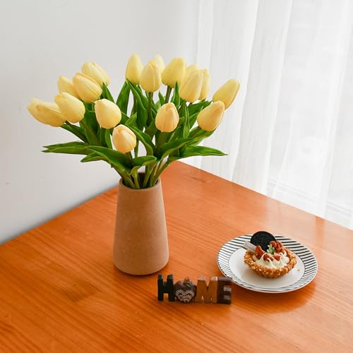 Image of ONLY ART Artificial Light Yellow Tulips 20 Pcs - 13.5 Inch PU Faux Flowers with Bendable Stems for Home Decor, Wedding Centerpieces, DIY Floral Arrangements, New Year and Valentine's Day