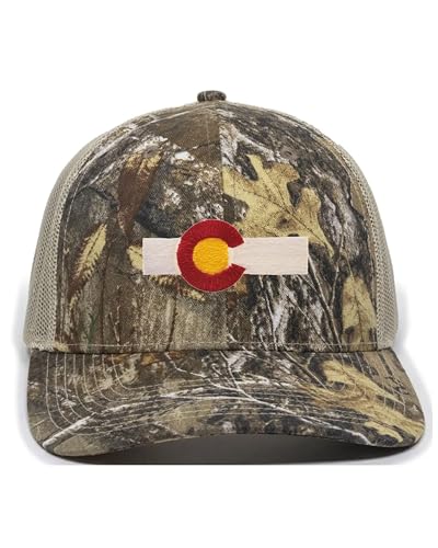 Go All Out One Size Khaki/TreeCamo Trucker Colorado Flag Embroidered Distressed Trucker Cap