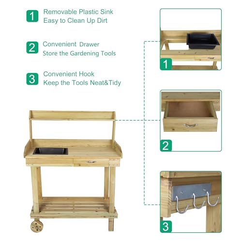 LUCKYERMORE-Potting-Bench-Table-Wooden-Gardening-Plant-Workstation-Natural-Solid-Wood-Garden-Potting-Station-wWheels-and-Drawer-Sink-Hook-Open-Shelf-for-Outside-Patio-Lawn-Garden-Banco-para-macetas LUCKYERMORE Potting Bench Table Wooden Gardening Plant Workstation Natural Solid Wood Garden Potting Station wWheels and Drawer Sink Hook Open Shelf for Outside Patio Lawn Garden Banco para macetas