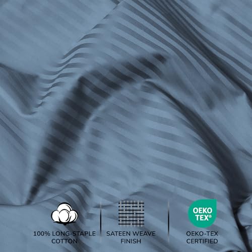 Image of Feather & Stitch 500 TC Split King Size Damask Bed Sheet Set, 100% Cotton Soft Breathable Bedsheets, 5 Piece 18 inch Deep Pockets Sateen Weave Striped Bedding Mattress Resort Hotel Luxury - (Blue Stripe)