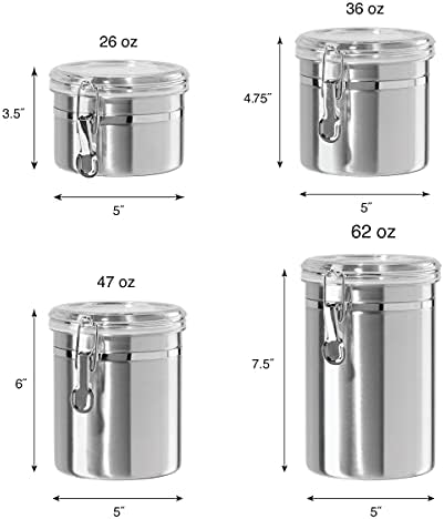 Oggi Set of 4 Stainless Steel Kitchen Canisters - Airtight Clamp Lid, Clear See-Thru Top - Ideal for Kitchen Storage, Food Storage, Pantry Storage - Includes 1 each: 26oz, 36oz, 47oz, 62oz. - Thumbnail 5