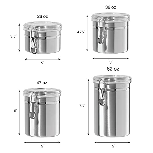 Oggi 4-Piece Stainless Steel Canister Set with Acrylic Lid and Clamp-Set Includes 1 each: 26oz, 36oz, 47oz, 62oz.