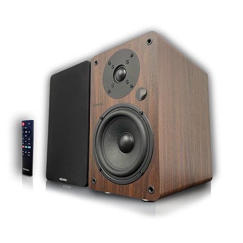 Roxel Onyx Active Bookshelf Speakers, 100-Watt RMS Power, Wireless BT 5.0 Streaming, HDMI ARC, 3-Metre Speaker Cable, Dynamic Sound for Movies, Music, Office, Home Theatre (Walnut)