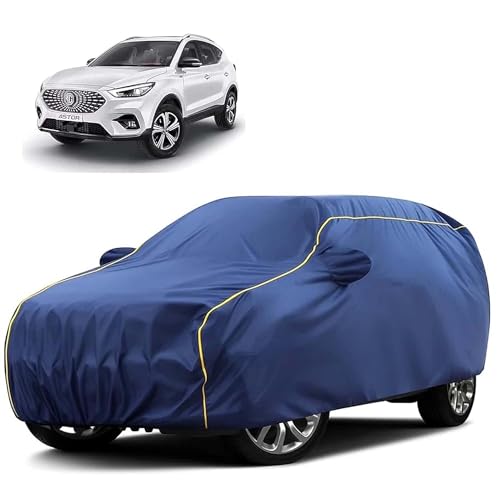 Image of Sulfar 100% Water Resistant Car Body Cover Compatible with Mirror for MG Astor (Triple Stitched, Full Bottom Elastic, Blue Tafetta with Yellow Piping)