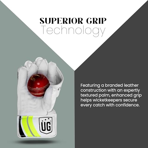 Image of UG Sports | Cricket Leather Wicketkeepers Gloves Pair for Men| Advanced Protection and Enhanced Grip | Durable Construction, High-Density Finger Protection, Ergonomic Design (Club, Green, Junior)