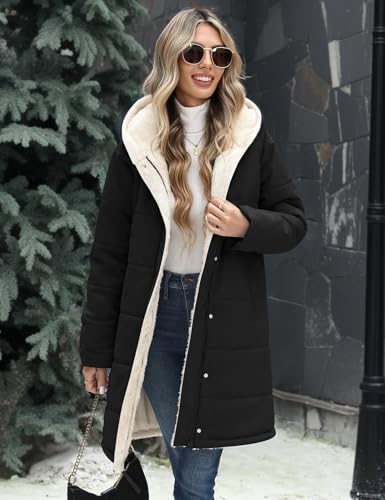 Vancavoo Wintermantel Damen Winterjacke Warm Gefüttert Steppmantel Winterparka Winter Jacket Mäntel Parka Frauen Daunenmantel mit Kapuze,Schwarz,L