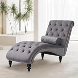 bizinore Velvet Chaise Lounge Chair Indoor, Comfy Upholstered Chaise Lounge with Pillow and Solid Wood Legs Button Tufted Leisure Sofa Recliner for Living Room Bedroom Office Apartment(GY)