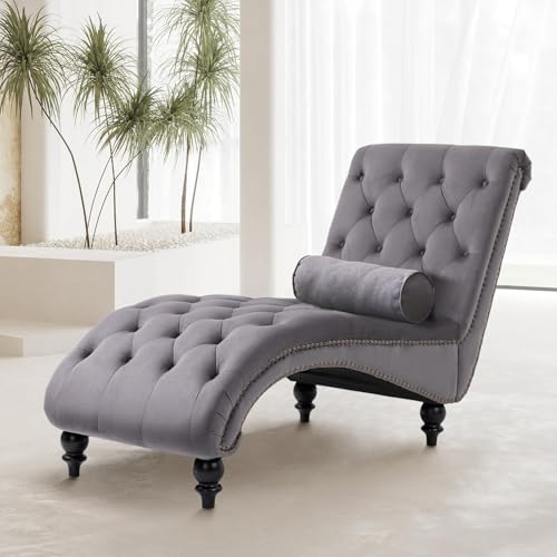 Velvet Upholstered Chaise Lounge with Pillow and Legs
