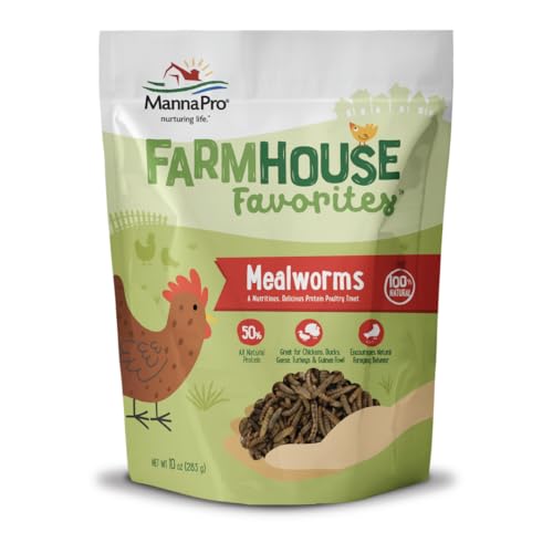 Manna Pro Farmhouse Favorites Mealworms Poultry Treat - Protein Treat for Poultry - Chickens, Turkeys, Ducks, Geese, and Guinea Fowl - Contains 50% Protein - 100% Natural Poultry Snack - 10oz