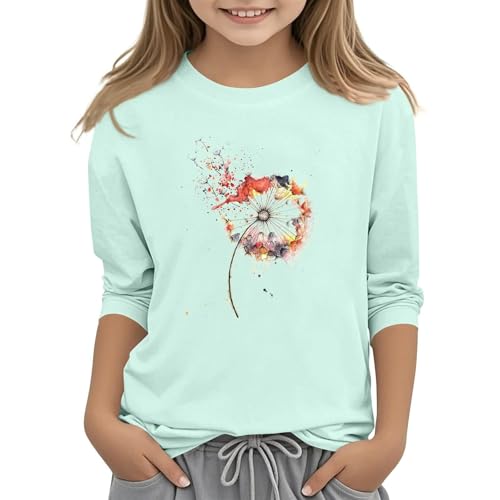 Teen Girls Floral 3/4 Length Sleeve Top Summer Crewneck Casual Athletic Blouse for Kids Soft (Mint Green #7, 6-7 Years)