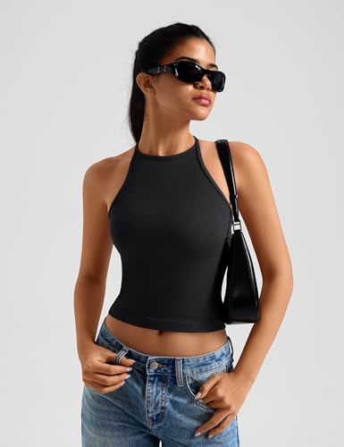 TDIFFUN Women Crop Tank Tops 2 Piece High Neck Seamless Ribbed Sleeveless Racerback Summer Going Out Basic Casual Workout Top (Black White, Medium) - image 2