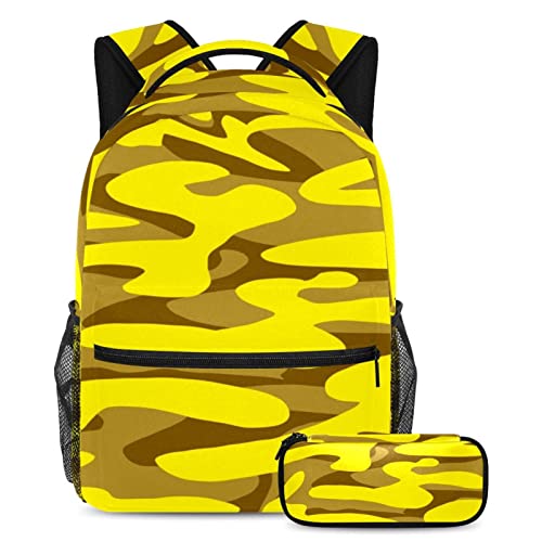 Sac à dos camouflage jaune avec trousse pour collégiens, cartable d'école mixte 40cm