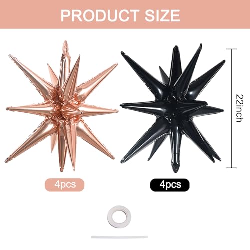 Image of TONIFUL 8 Pcs Explosion Star Foil Balloons Black Rose Gold Party Decoration | 22 Inch Large Mylar Star Balloon for Sweet Gothic Birthdayfor Women Girls, Moody Wedding Bridal Shower Party Decorations
