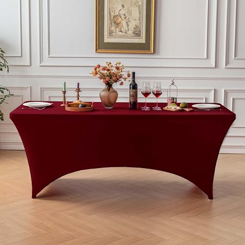 Image of FOLINS&HOME 2 Pack Burgundy 6ft Fitted Spandex Water Resistant Tablecloth | Washable Elastic Rectangle Table Cover for 6 Foot Folding Tables, Stretch Table Cloth for Weddings, Banquets, Parties (2 Pcs)