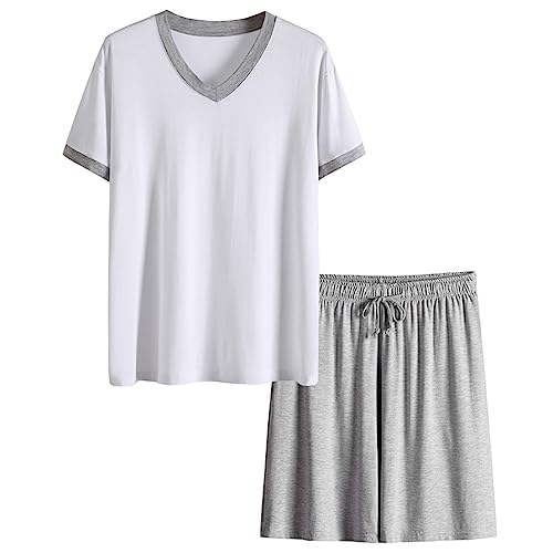 Wowcarbazole Men's Pajamas Set Short Sleeve V Neck Modal Soft Sleepwear PJS set 2 Piece Nightwear with Pockets