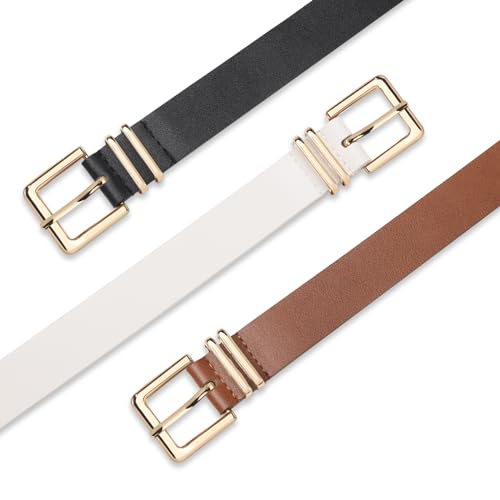 UnFader Pack 3 Women Belts for Jeans Pants, Fashion Gold Buckle Leather Belts2