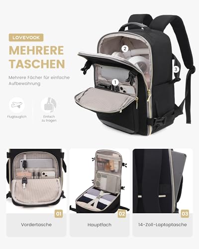 LOVEVOOK Ryanair Handgepäck 40x30x20, Klein Handgepäck Rucksack Tasche Reiserucksack Flugzeug, Carry On Hand Luggage Travel Backpack für 13,3 Zoll Laptop Damen Herren, Cabin Bag Eurowings Wizz Schwarz