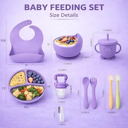 Image of 10 Pcs Silicone Baby Feeding Set for Toddlers 6+ Months | Baby Led Weaning Self Feeding Kit | Suction Plate & Bowl, Bib, Cup, Spoon & Fork, Fruit Feeder, Finger Brush | FDA | Ebook (Lavender)