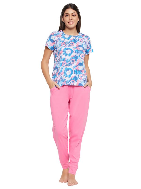 Image of Clovia Women's Cotton Printed Top & Pyjama Set - Blue