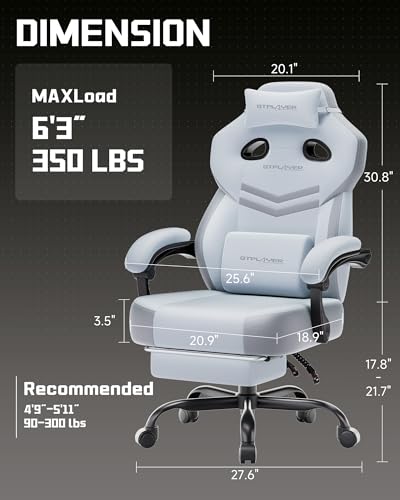 Image of GTPLAYER Big & Tall Gaming Chair, Wide Reclining with Footrest for Adults | Ergonomic High Back Computer Desk Chair, Comfort Padded Seat with Lumbar Support for Big /Tall, Office /Home, Light Blue