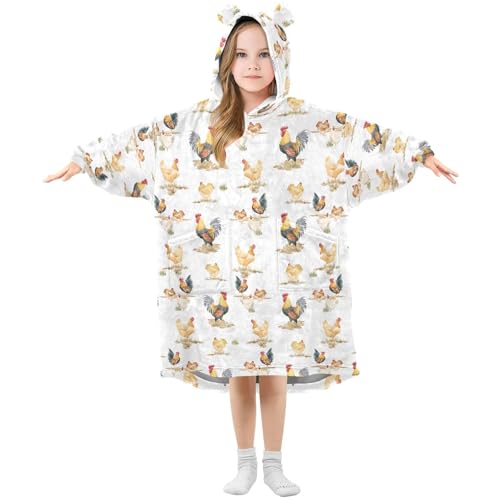 Sletend Chickens Rooster Wearable Blankets for Kids,Hoodie Blankets Sweatshirt Super Soft Warm Cozy Oversized Blanket Hoodie with Pocket,Small